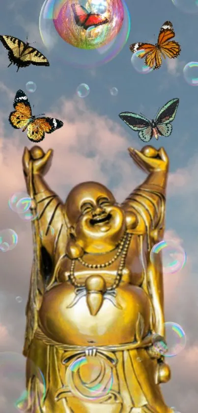 Golden Buddha statue with butterflies and bubbles against a cloudy sky background.