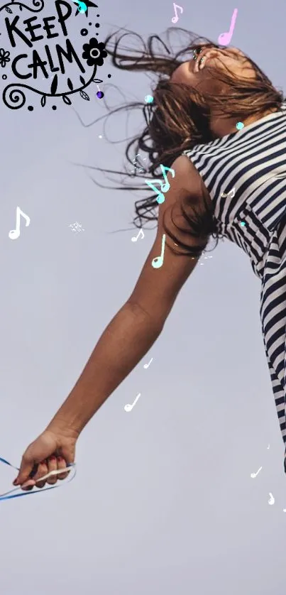 Person in striped dress with musical notes and Keep Calm doodle.
