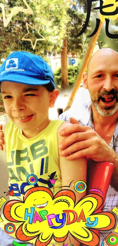 A father and child enjoying a sunny day outdoors with colorful graphics.