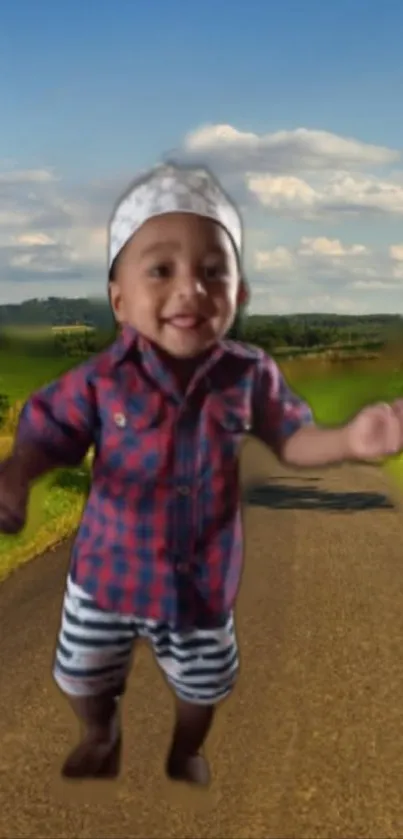 Cheerful toddler in a plaid shirt on a sunny country road.