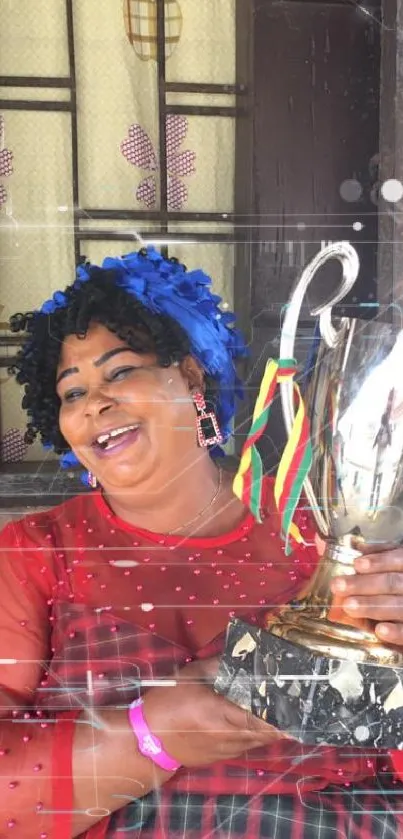 Smiling woman holding a trophy in a colorful, celebratory setting.