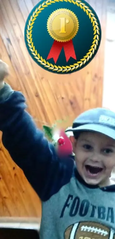 Child celebrating with a gold medal in hand.