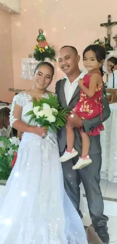 Wedding ceremony with a happy couple holding their daughter in a church setting.