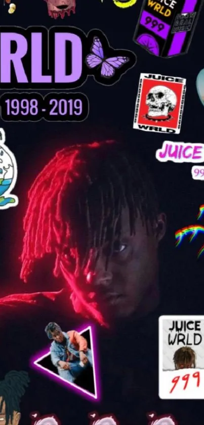 Juice WRLD tribute wallpaper with vibrant art and stickers.