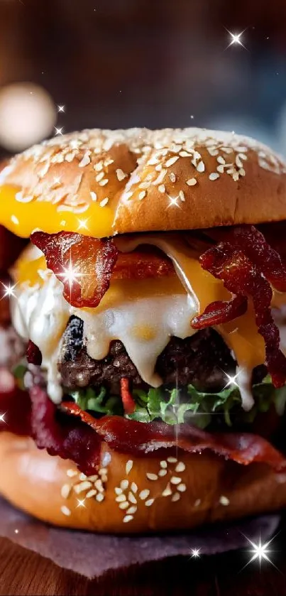 Delicious bacon cheeseburger wallpaper with melted cheese and crispy bacon strips.
