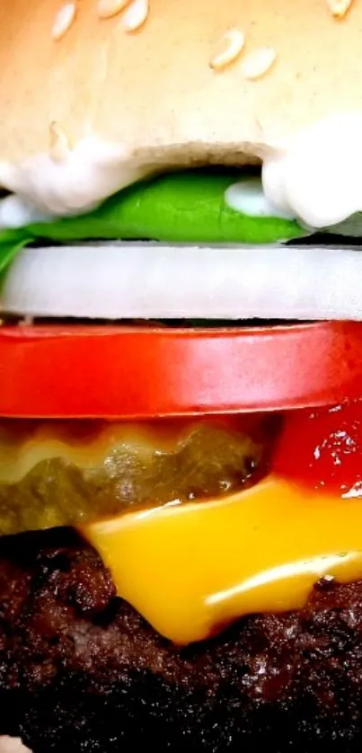 Close-up of a juicy burger with fresh vegetables and melted cheese.