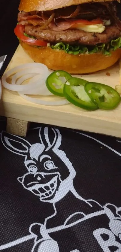 Close-up of a juicy burger with toppings and fries on a wooden board.