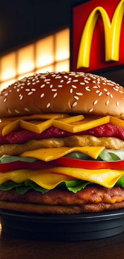 Layered burger in fast-food setting with cheese and vibrant colors.