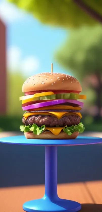 Vibrant image of a juicy burger on a stand outdoors.