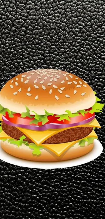 Juicy burger illustration on textured black background, perfect for a phone wallpaper.