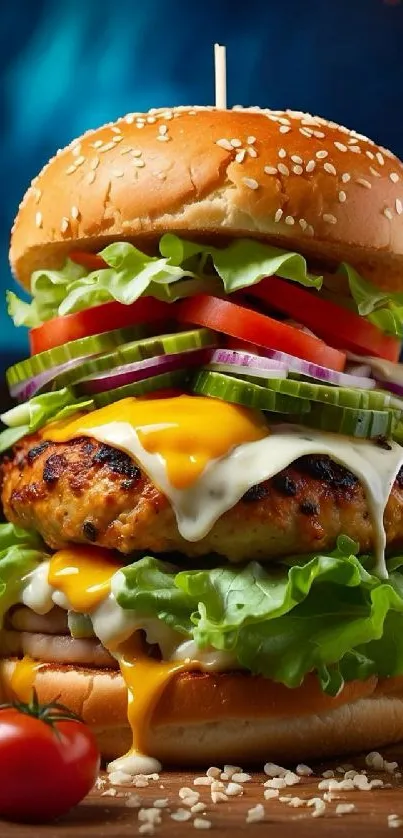 Juicy cheeseburger with fresh vegetables and melted cheese.