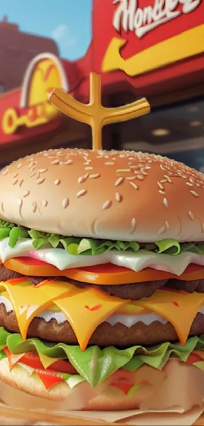 Juicy double cheeseburger with fresh toppings in front of a fast food restaurant.