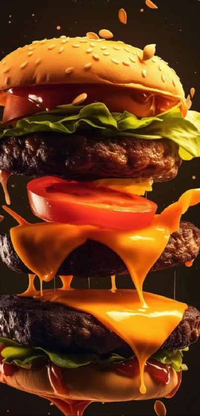 A mouthwatering layered cheeseburger with vibrant toppings.