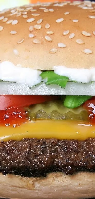 A close-up of a juicy cheeseburger with cheese and fresh toppings against a fiery backdrop.