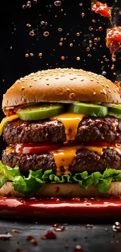 A double cheeseburger with avocado, lettuce, and a splash of sauce on a black background.