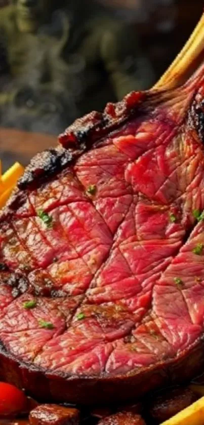 Juicy grilled ribeye steak with crispy fries.