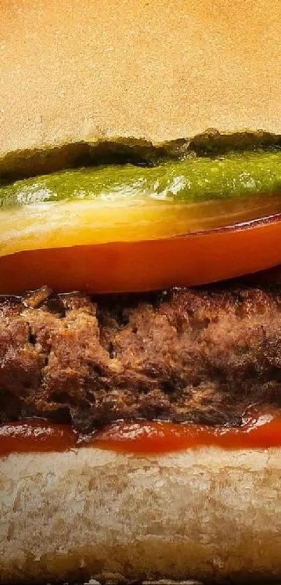 Close-up of a succulent hamburger with fresh toppings.