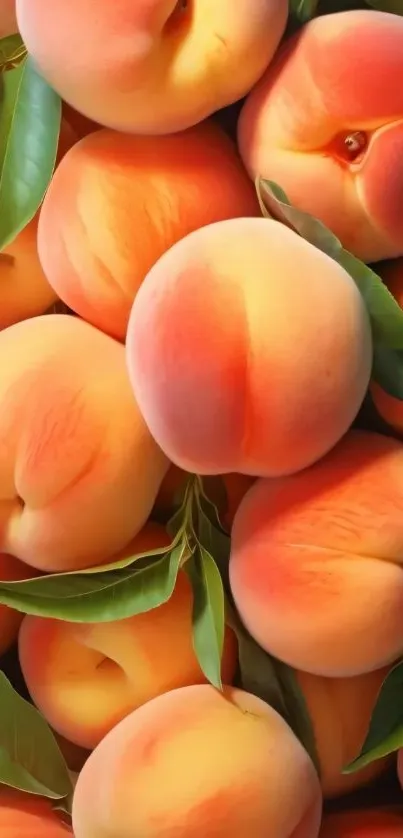 Close-up of ripe peaches with green leaves.