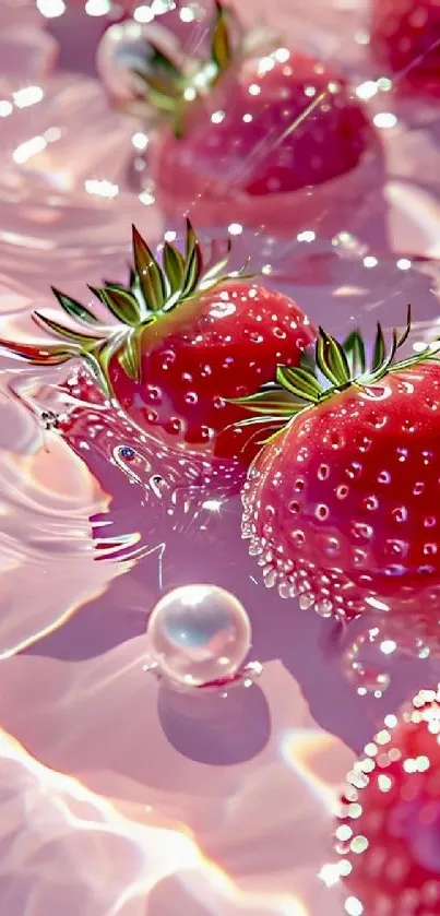 Juicy strawberries on pink water create a vibrant mobile wallpaper.