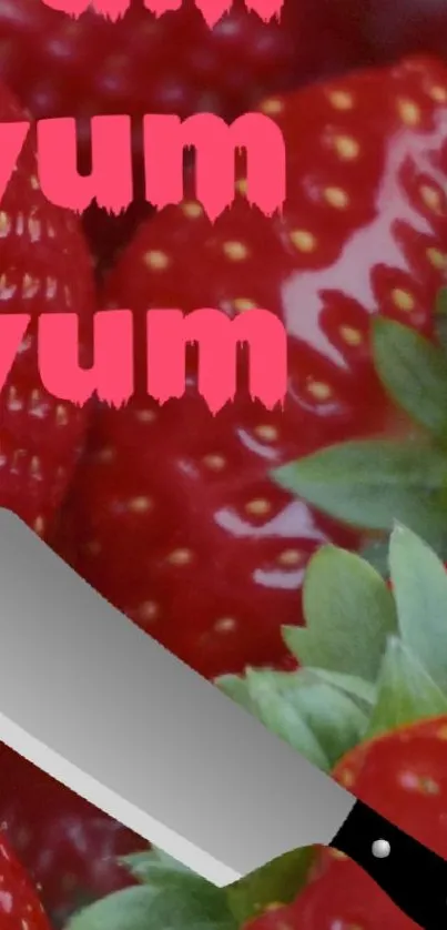 Juicy strawberries with a knife graphic and playful text.