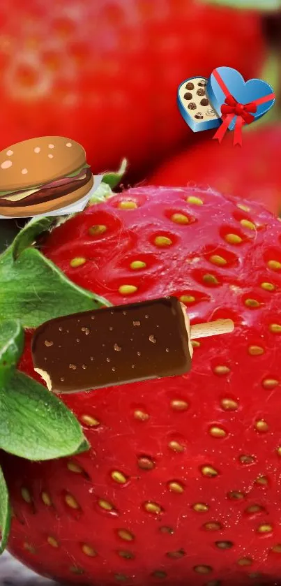Close-up of a strawberry with fun food icons overlay.