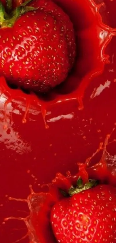 Strawberries splashing vividly on red background.