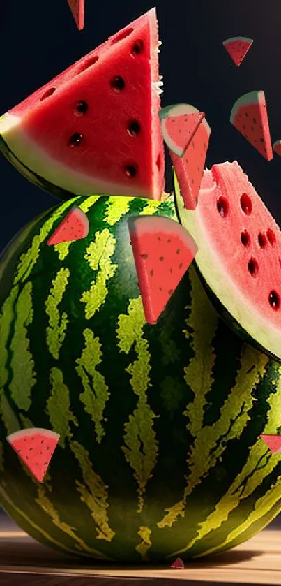 Realistic watermelon with juicy slices artistic wallpaper.