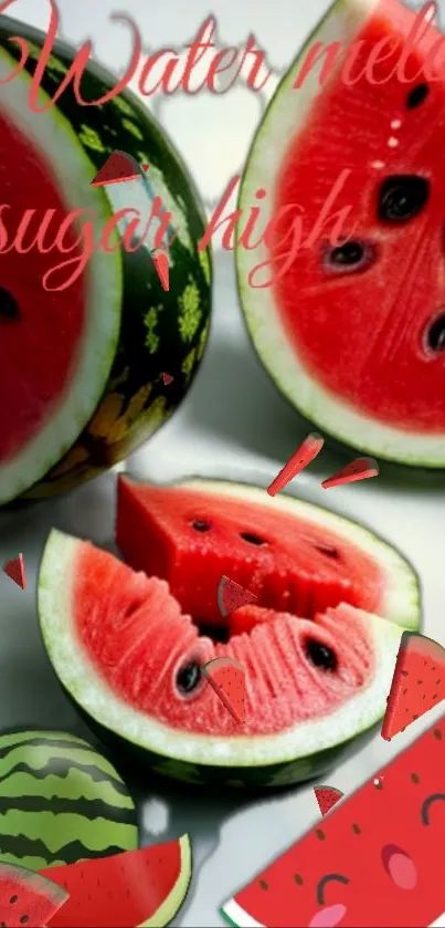 Artistic watermelon slices with vibrant red hues in a fruity wallpaper.