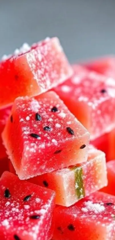 Stack of juicy watermelon candy cubes with sugar.