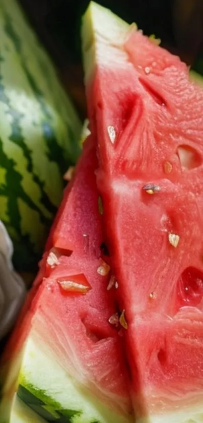 Close-up of juicy watermelon slices with seeds and vibrant colors.