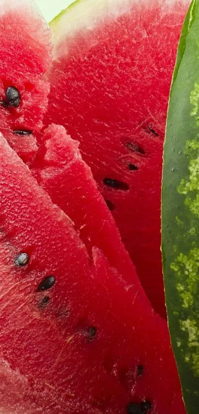 Close-up of juicy watermelon slices with vibrant red pulp and green rind.