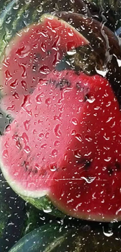 Juicy watermelon slice amid fresh green melons.