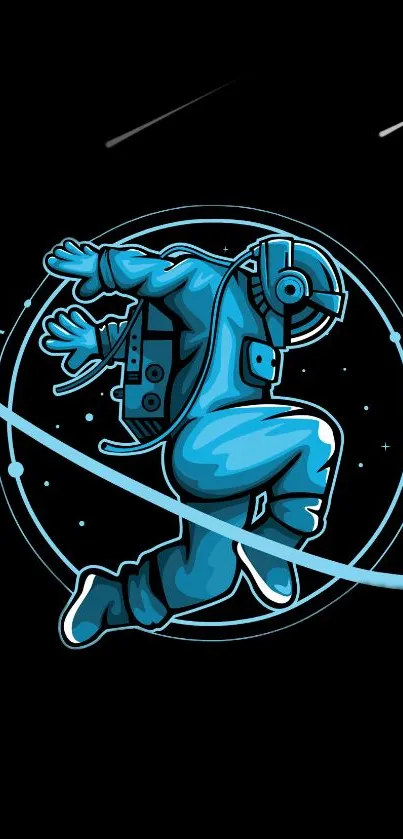 Dynamic blue astronaut leaping in space on a black background.