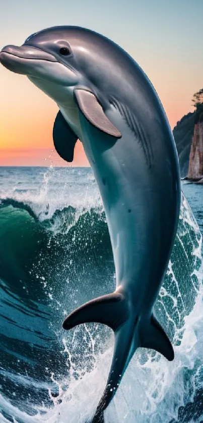 Leaping dolphin against a sunset ocean backdrop.