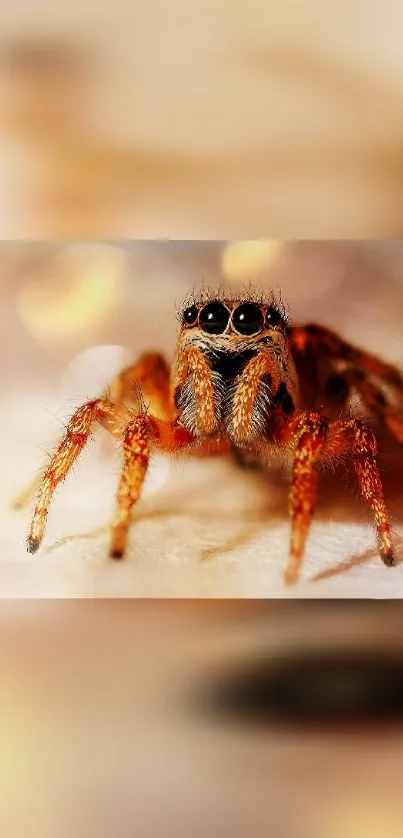 Close-up of a jumping spider with a golden, blurred background.