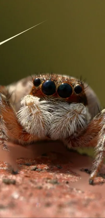Close-up of a jumping spider with detailed features and dark eyes.