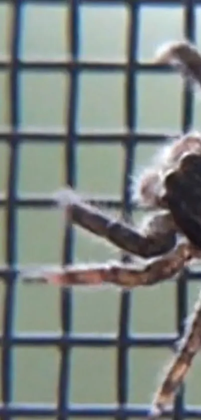 Jumping spider close-up on grid wallpaper.