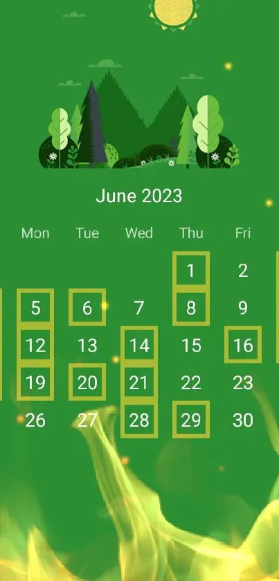 June 2023 green calendar wallpaper with nature theme.