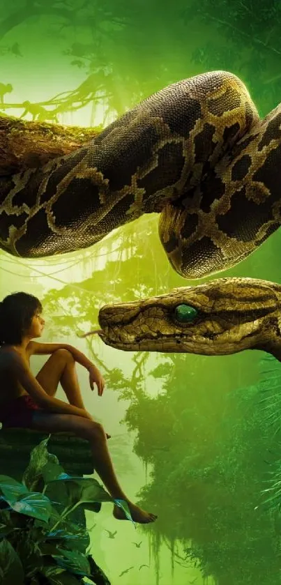 Jungle scene with boy and giant snake on phone wallpaper.