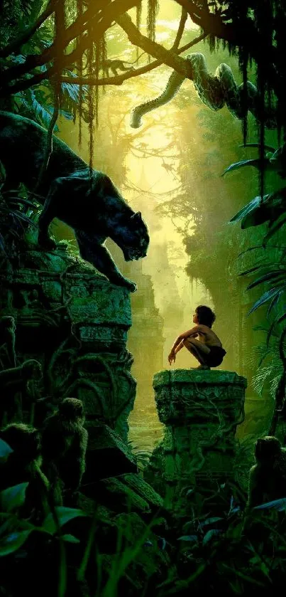 Child and panther in a lush jungle scene with vivid greens.