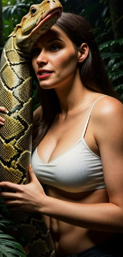 Woman in jungle with python on mobile wallpaper.