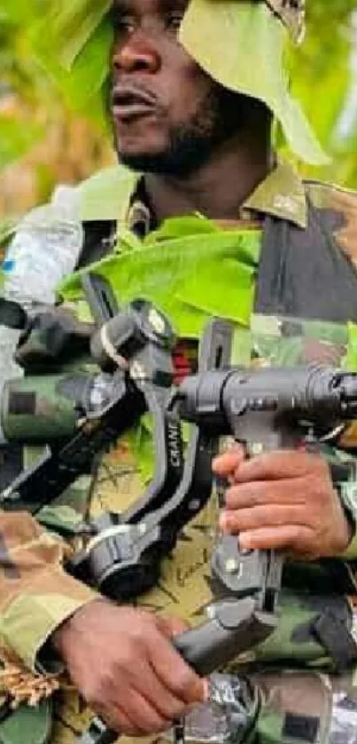 Man in jungle camouflage gear with leafy background.