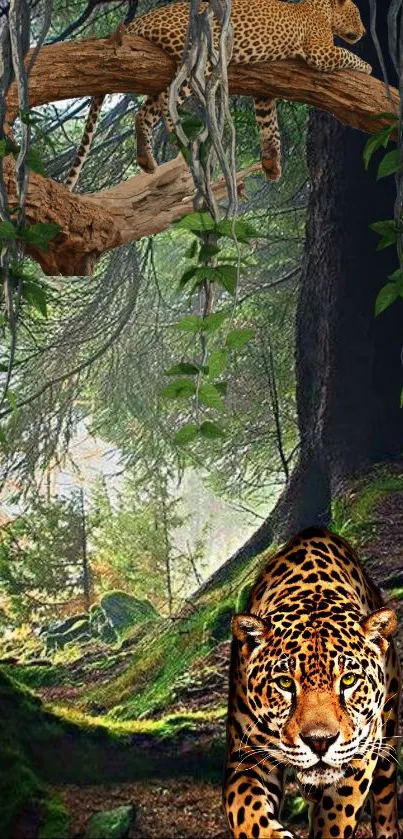 Leopards resting and prowling in lush jungle forest wallpaper.