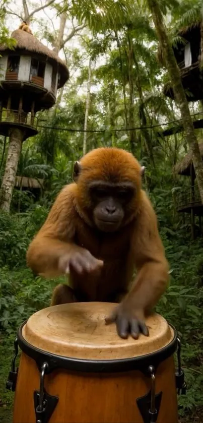 Monkey drumming in a lush green jungle setting.