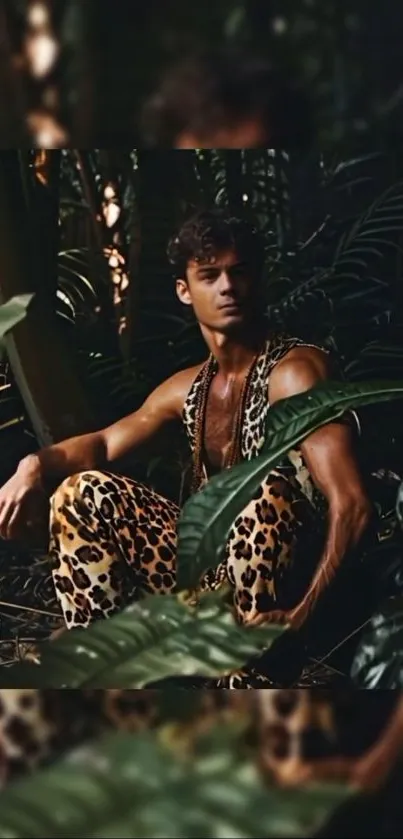 A person in leopard print pants surrounded by jungle foliage.