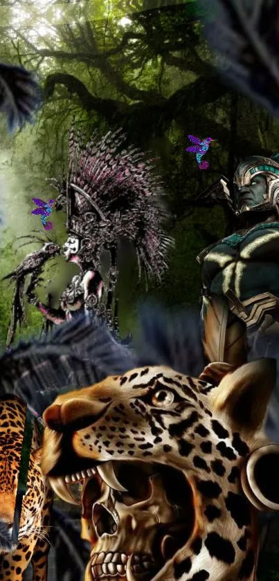 Jungle warrior fantasy art with vibrant wildlife and mystical creatures.