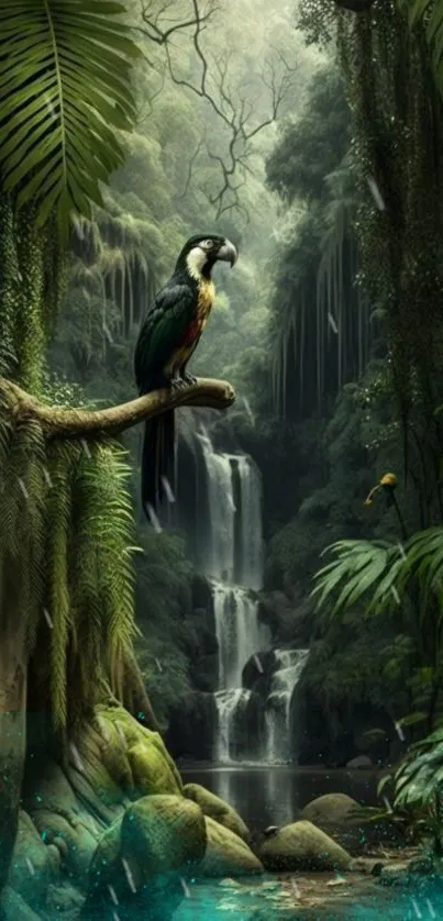 Toucan on branch in lush jungle with cascading waterfall.