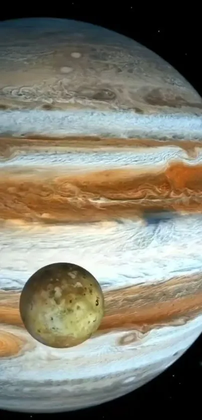 Jupiter and its moon in space wallpaper.