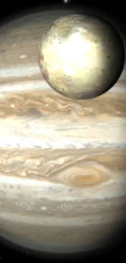 Jupiter with moon in cosmic space wallpaper.