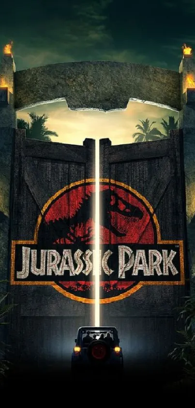 Mobile wallpaper featuring the iconic Jurassic Park gate.